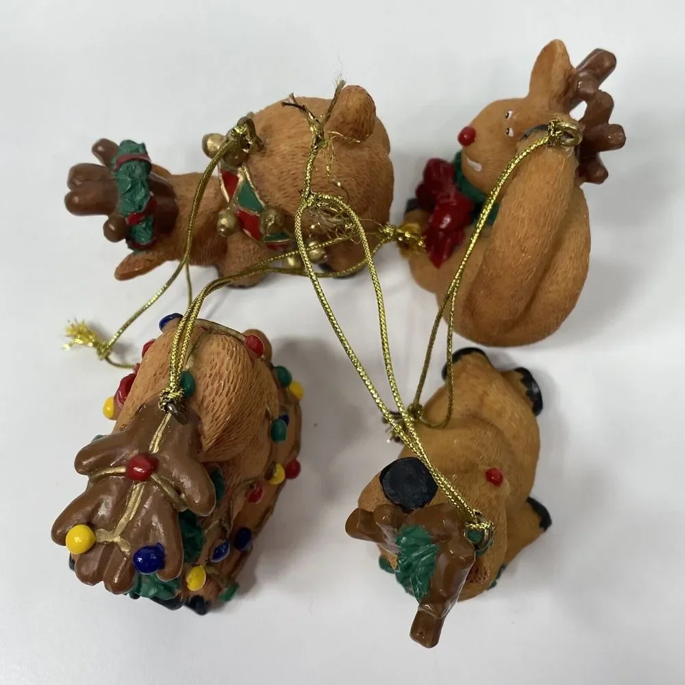 Reindeer Christmas Ornaments Lot Of 4 Silly Pose Animal Red Nosed Resin Decor - Picture 5 of 9